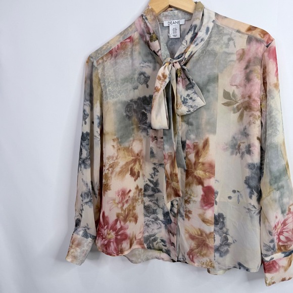 Deane Mel Tie Neck Sheer Blouse Women Small Petite Off-White Floral NWT - Picture 4 of 7